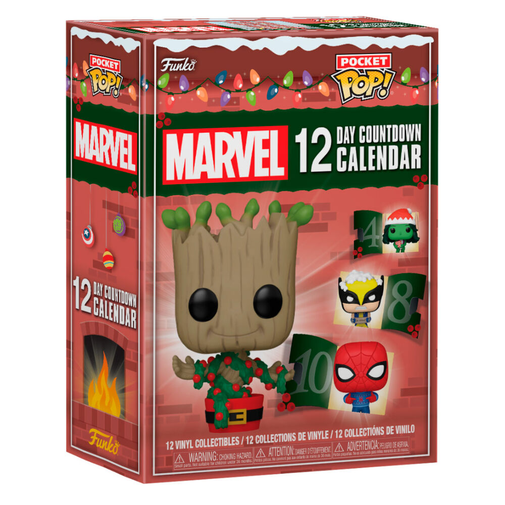 Zoom sur les figurines Funko Pocket Pops Marvel incluses dans le calendrier avec Spider-Man et Wolverine