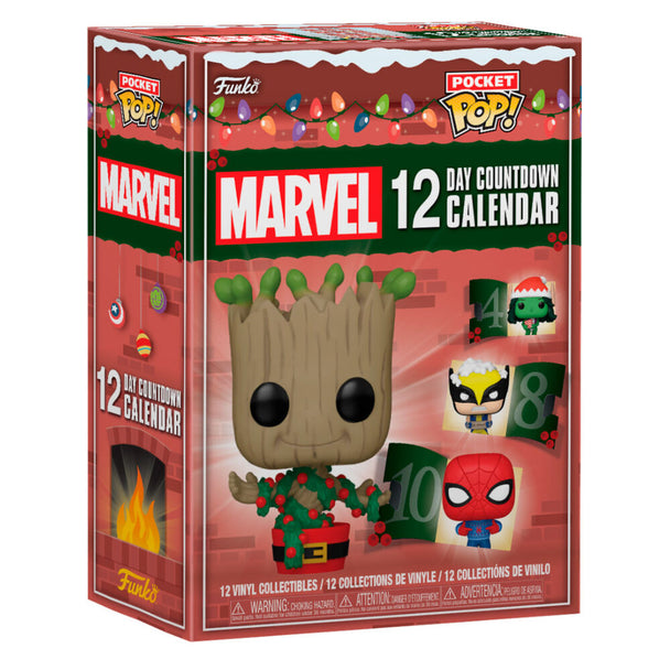 Zoom sur les figurines Funko Pocket Pops Marvel incluses dans le calendrier avec Spider-Man et Wolverine