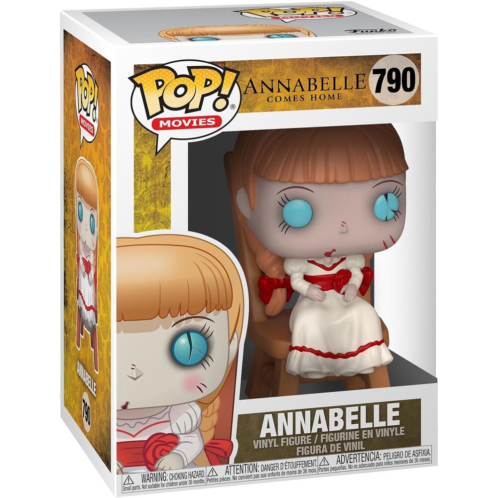 Vue latérale de la figurine Funko POP Annabelle en vinyle, montrant les détails de la chaise et la posture