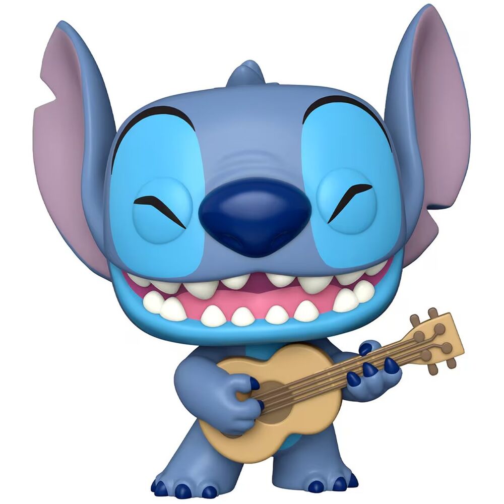 Figurine Funko POP Stitch tenant un ukulélé, modèle exclusif Disney de 25 cm, vue de face avec détails colorés