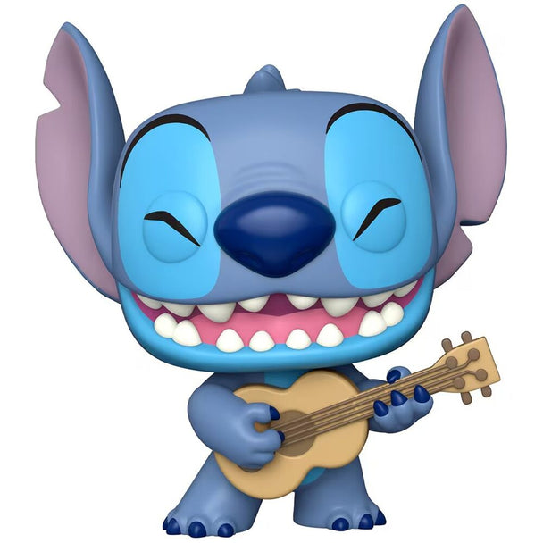 Figurine Funko POP Stitch tenant un ukulélé, modèle exclusif Disney de 25 cm, vue de face avec détails colorés