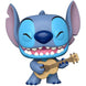 Figurine Funko POP Stitch tenant un ukulélé, modèle exclusif Disney de 25 cm, vue de face avec détails colorés