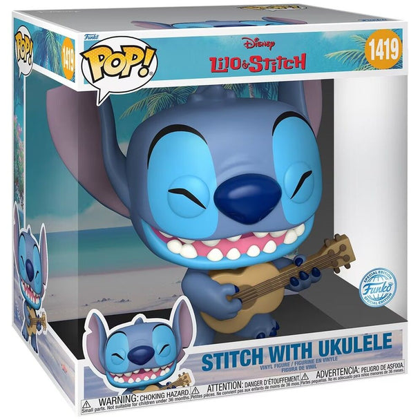 Figurine Stitch Funko POP exclusive Disney de 25 cm, vue latérale montrant le ukulélé et les finitions précises