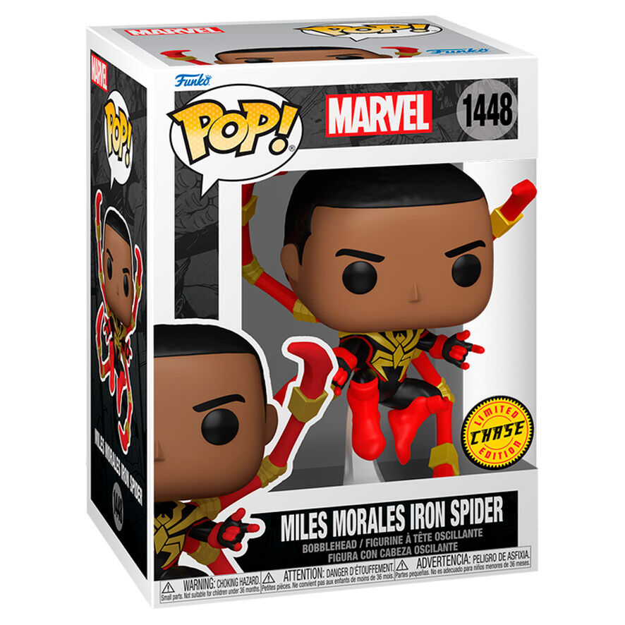 Image rapprochée du visage de la figurine Funko POP Miles Morales Iron Spider avec yeux expressifs