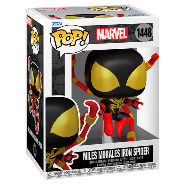 Figurine Funko POP de Miles Morales Iron Spider de face avec détails colorés et boîte cadeau