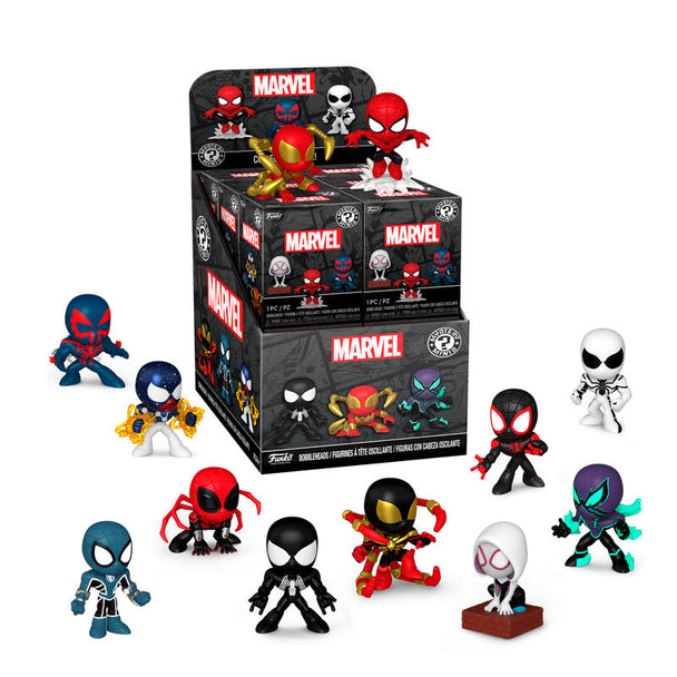 Deux figurines mystère Marvel Spider-Man Funko côte à côte avec détails colorés