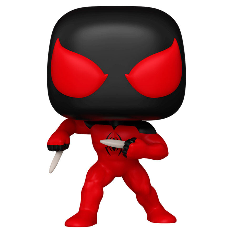 Figurine Funko POP Scarlet Spider Kaine en vinyle de 9 cm avec détails rouges et noirs sur costume