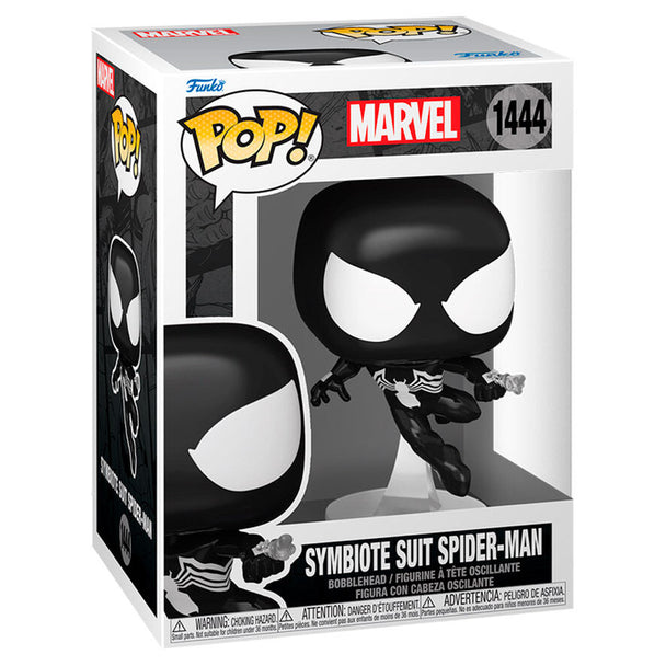 Figurine Funko POP Spider-Man Symbiote Suit Marvel en vinyle, 9 cm, vue de face avec détails du costume noir et blanc.