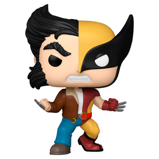 Figurine Funko POP Marvel Wolverine avec griffes acérées et costume jaune et bleu, présentée en boîte