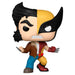 Figurine Funko POP Marvel Wolverine avec griffes acérées et costume jaune et bleu, présentée en boîte