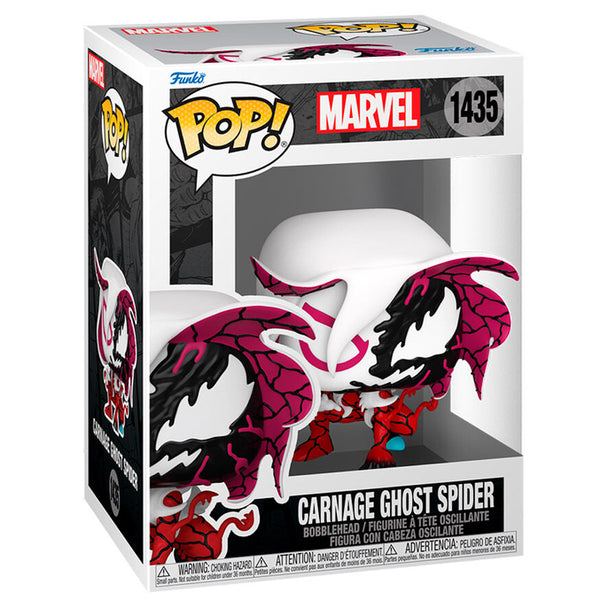 Vue rapprochée de la figurine Funko POP Carnage Ghost Spider avec détails précis et couleurs vives