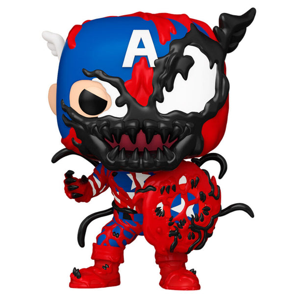 Vue détaillée de la figurine Funko POP Carnage Captain America montrant les couleurs vives et le design soigné.