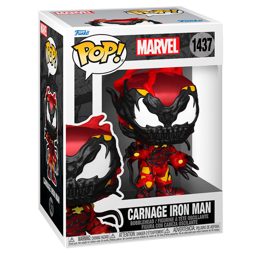 Vue de face de la figurine Funko POP Marvel Carnage Iron Man avec détails précis et couleurs vives