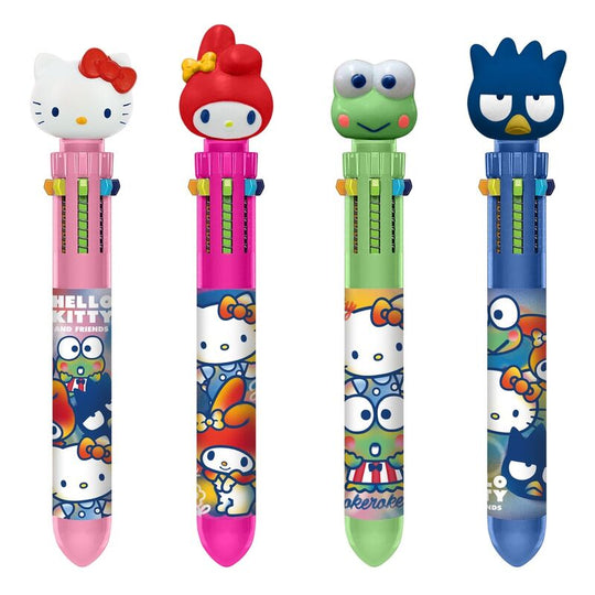 Topper 3D Hello Kitty coloré fixé sur un stylo blanc avec fond neutre