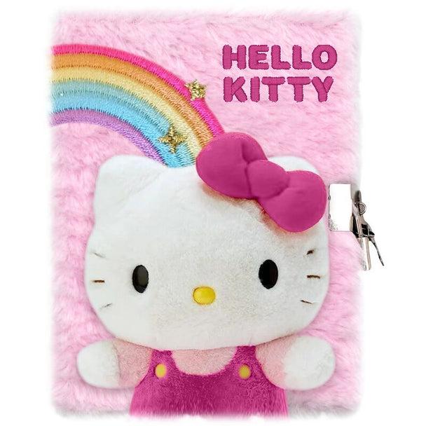 Journal Hello Kitty en peluche avec couverture rose douce et détails brodés, format 21x15,5cm