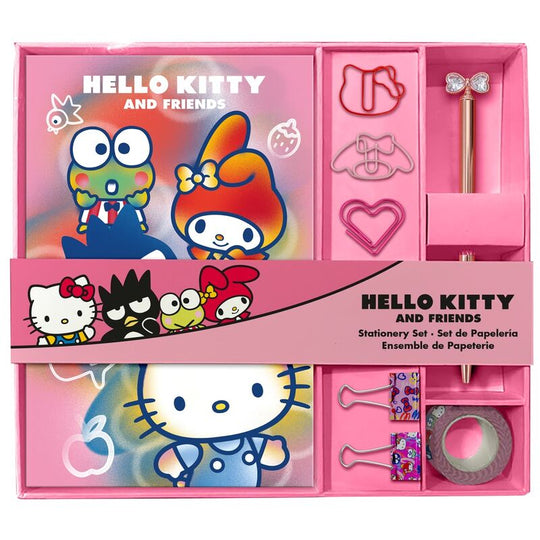 Set papeterie Hello Kitty comprenant un carnet et plusieurs accessoires colorés, dimensions 22x25,5 cm, parfait pour enfants.