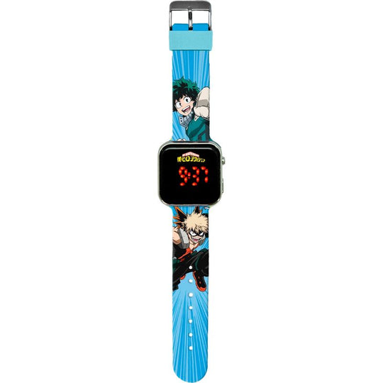 Montre LED My Hero Academia avec affichage lumineux sur fond blanc, design coloré et moderne pour enfants