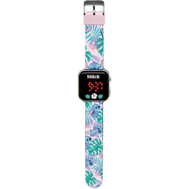 Montre LED Disney Stitch avec bracelet bleu et affichage lumineux sur fond blanc