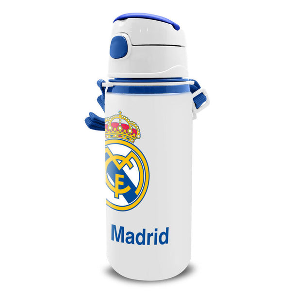 Gourde aluminium Real Madrid 600ml avec logo officiel sur fond blanc, idéale pour enfants.