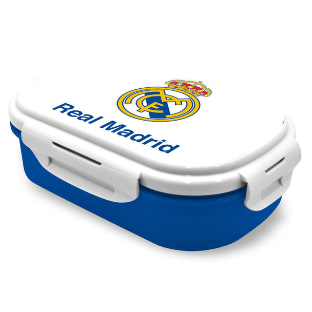Sac déjeuner Real Madrid KIDS LICENSING de couleur blanche et bleue avec le logo officiel du club, dimensions 21x14x6 cm.