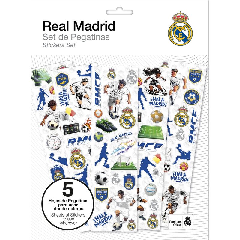 Set de 5 feuilles de stickers officiels Real Madrid avec logos et motifs colorés, idéal pour les fans et les enfants.