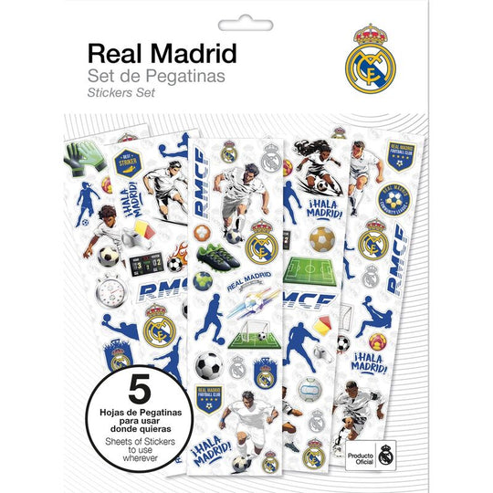 Set de 5 feuilles de stickers officiels Real Madrid avec logos et motifs colorés, idéal pour les fans et les enfants.