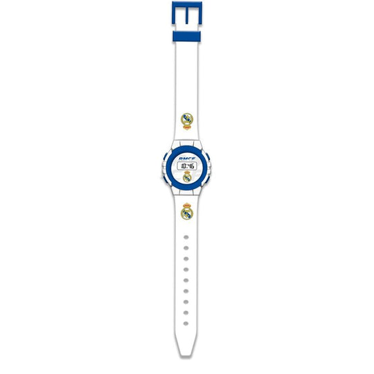 Montre digitale Real Madrid officielle vue de face avec affichage numérique clair et bracelet bleu et blanc