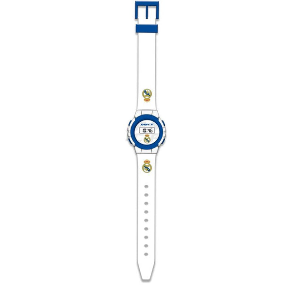Montre digitale Real Madrid officielle vue de face avec affichage numérique clair et bracelet bleu et blanc