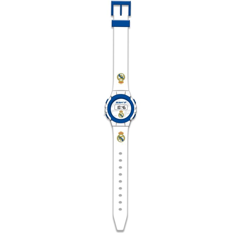 Montre digitale Real Madrid officielle vue de face avec affichage numérique clair et bracelet bleu et blanc