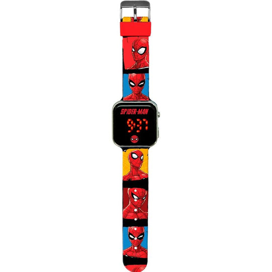 Montre LED Marvel Spiderman avec bracelet rouge et affichage lumineux, vue de face sur fond blanc