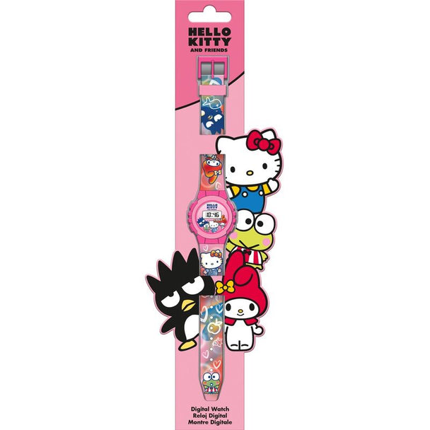 Vue rapprochée du cadran digital de la montre Hello Kitty avec design coloré et boutons fonctionnels