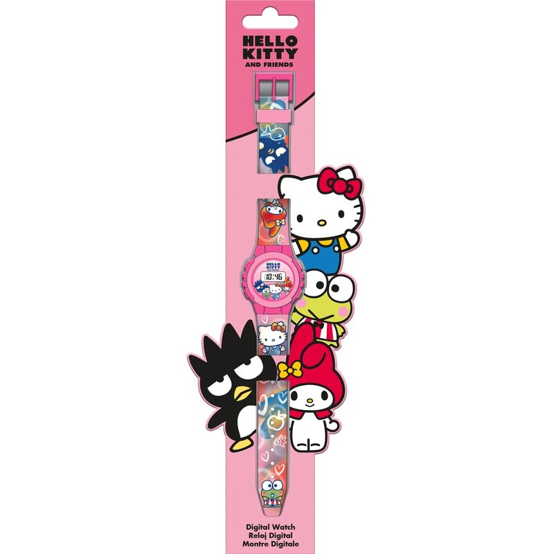 Vue rapprochée du cadran digital de la montre Hello Kitty avec design coloré et boutons fonctionnels