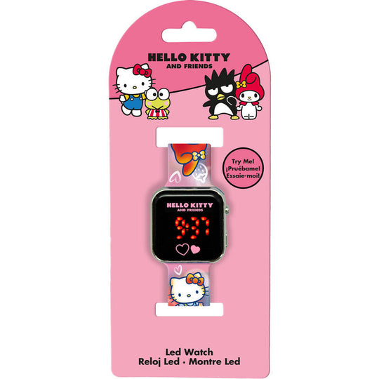 Vue rapprochée du cadran lumineux de la montre LED Hello Kitty avec design enfantin