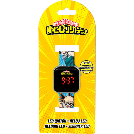 Bracelet ajustable de la montre LED My Hero Academia montrant le logo officiel KIDS LICENSING et détails du cadran