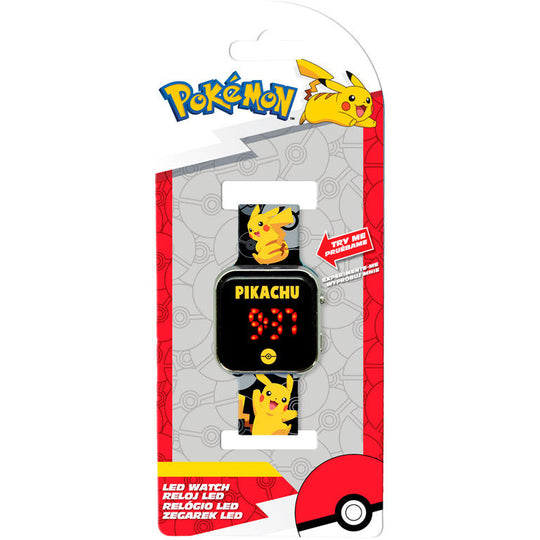 Vue rapprochée du bracelet ajustable et du cadran lumineux de la montre LED Pokémon pour enfants