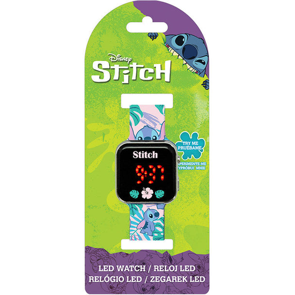 Vue rapprochée de la montre enfant Disney Stitch affichant l'heure en LED