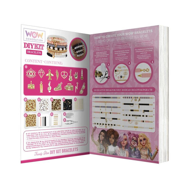 Vue rapprochée des perles colorées et des fils pour bracelets du coffret WOW GENERATION.