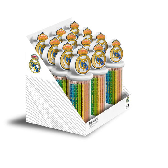 Crayons de couleur Real Madrid alignés montrant les différentes teintes vives disponibles