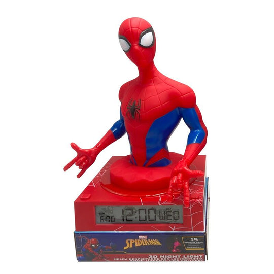 Vue rapprochée du réveil intégré à la lampe 3D Spiderman Marvel avec boutons de contrôle visibles