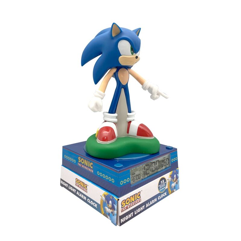 Lampe 3D Sonic the Hedgehog éteinte posée sur un bureau d'enfant avec réveil visible