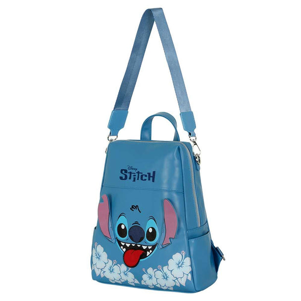 Détail des poches latérales ouvertes du sac à dos Stitch pour un rangement facile