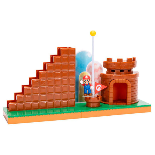 Playset complet montrant la scène finale du niveau de Super Mario Bros avec la figurine posée
