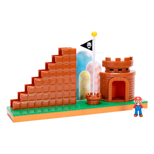Vue latérale de la figurine Super Mario Bros avec accessoires du playset Level End