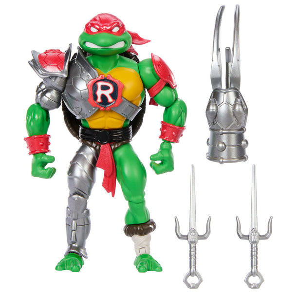 Figurine articulée Raphael Turtles of Grayskull 14cm en pose de combat avec armure et gantelet serpent.