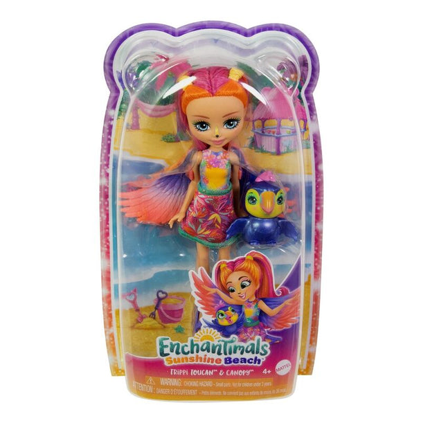 Poupée Enchantimals Trippi Toucan Sunshine Beach avec cheveux colorés et tenue de plage, vue de face