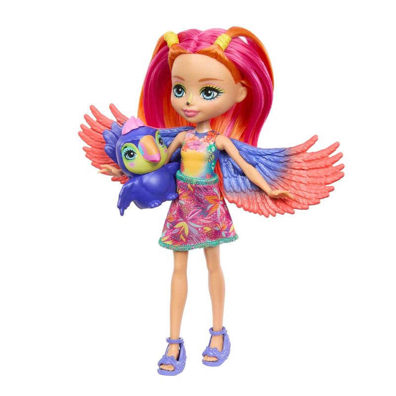 Vue latérale de la poupée Enchantimals avec jupe interchangeable et accessoires de plage