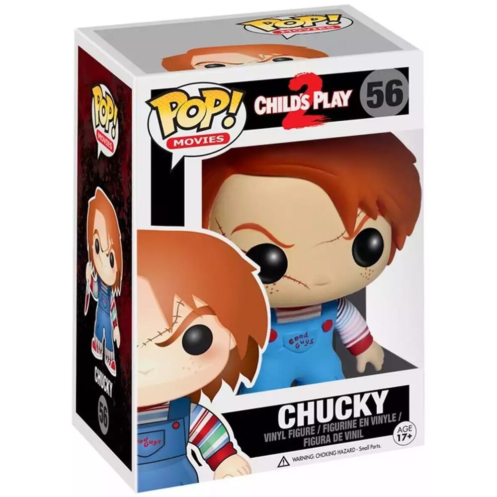 Figurine POP Funko Chucky posée sur une étagère, parfaite pour les fans de films d'horreur et collectionneurs.