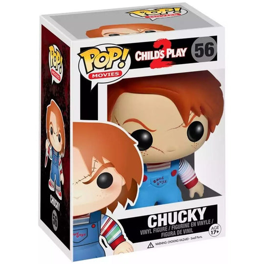 Figurine POP Funko Chucky posée sur une étagère, parfaite pour les fans de films d'horreur et collectionneurs.