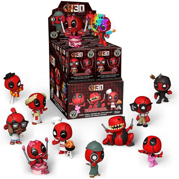 Boîte de la collection Funko Mystery Minis Marvel Deadpool 30e anniversaire montrant l'emballage officiel