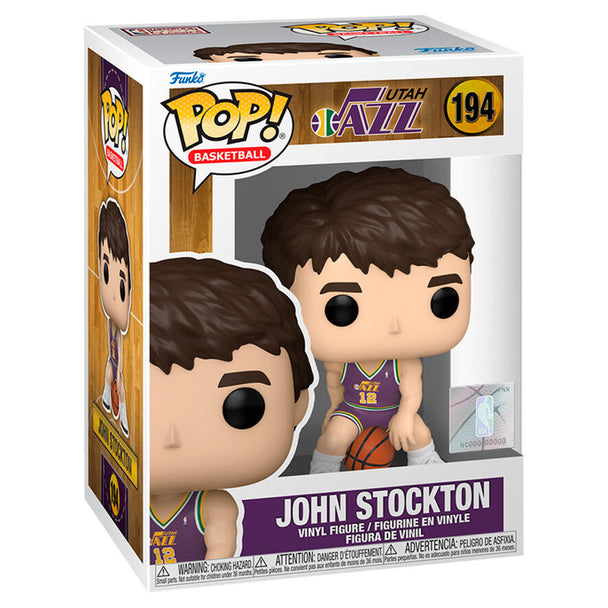 Figurine Funko POP de John Stockton en tenue Utah Jazz, vue de face avec détails précis